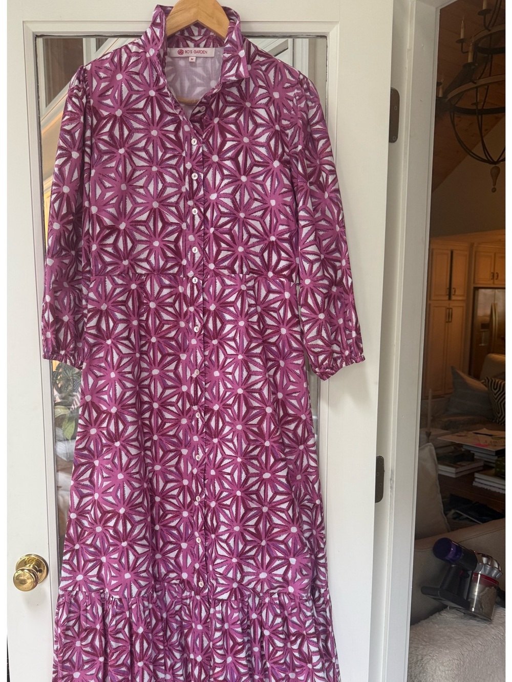 Women's Ro’s Garden Pink Geometric Maxi Dress with Ruffle Hem. Summer PERFECT!